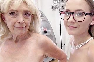 Nerdy girl with cute face and old woman act in naked porn video