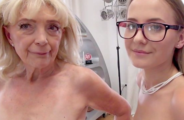 Nerdy girl with cute face and old woman act in naked porn video