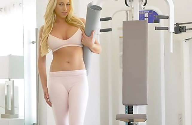 Blonde girl with big naked chest has interracial sex instead of yoga