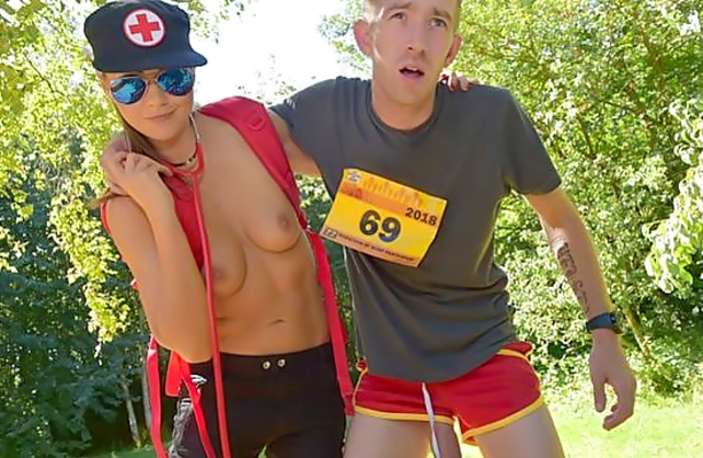 Paramedic girl and partner with red hair are fucked by naked runner
