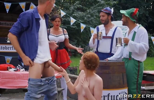 Man pulls huge cock out of pants and fucks naked pussy of Oktoberfest girl