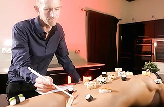 Slim girl and stud diversify sex with eating sushi from her naked body