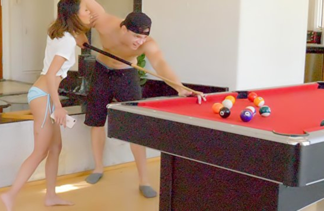 Naked girl gives pussy to pool player allowing him to do everything