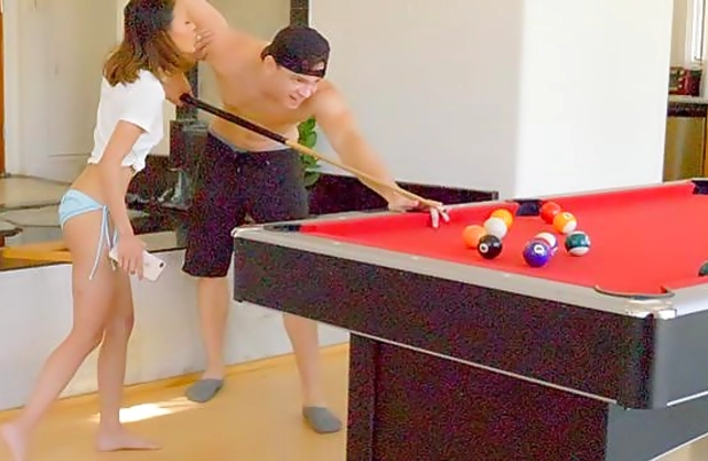 Naked girl gives pussy to pool player allowing him to do everything