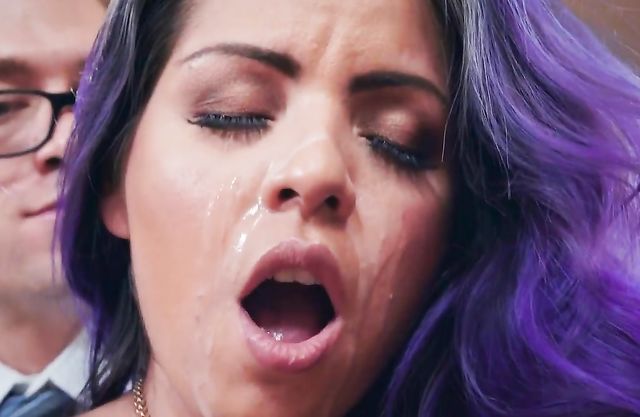 Cum addicted girl with purple hair likes naked sex and jizz on face