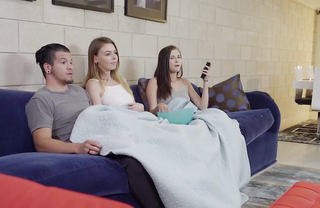 Shameless girl gives boyfriend handjob and involves roommate in naked sex