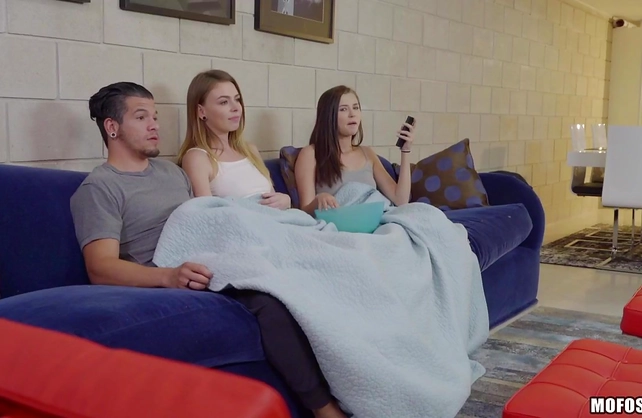 Shameless girl gives boyfriend handjob and involves roommate in naked sex