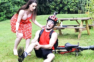 Caring girl with naked melons helps handsome boy who felt off bike