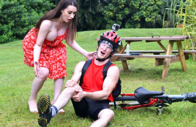 Caring girl with naked melons helps handsome boy who felt off bike