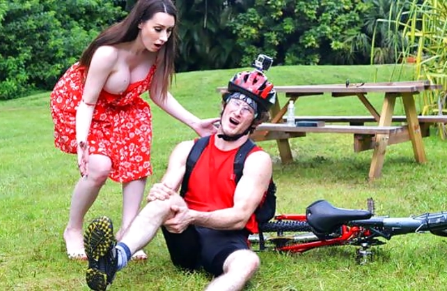 Caring girl with naked melons helps handsome boy who felt off bike