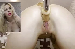 Blonde girl bends naked over sofa so sex machine could nail her hole
