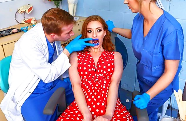 Redhead in polka-dot dress does it with naked huge dick of dentist
