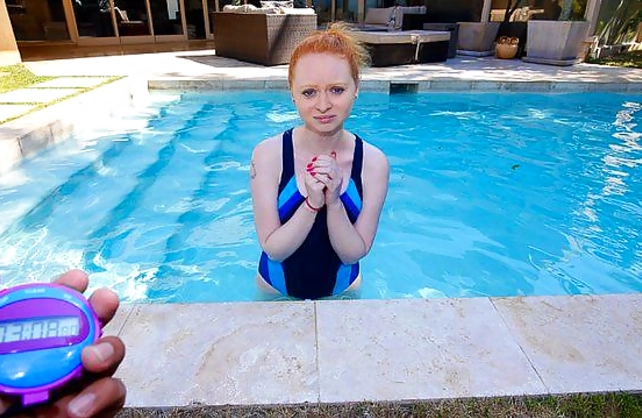 Naked ginger young woman is always ready to satisfy lecherous man by pool