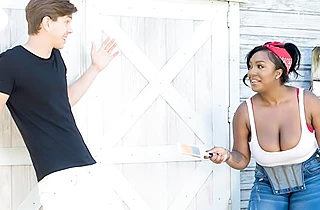 Naked Ebony girl with juicy tits appreciates white youngster's cock