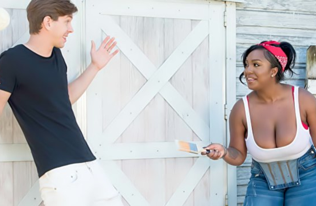 Naked Ebony girl with juicy tits appreciates white youngster's cock