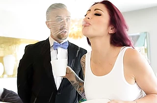 Butler roughly stretches his red-haired mistress with naked boobs
