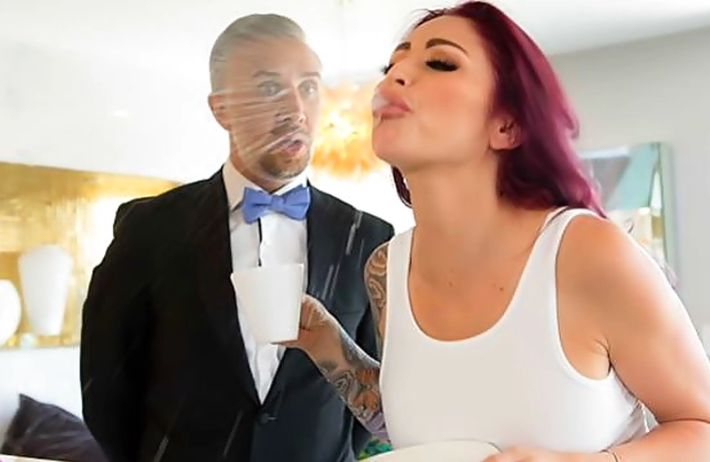Butler roughly stretches his red-haired mistress with naked boobs