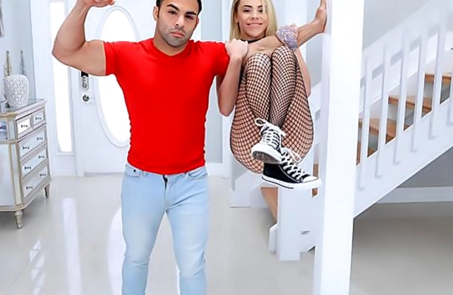Muscular Latin guy properly drills naked blonde babe in ripped fishnets