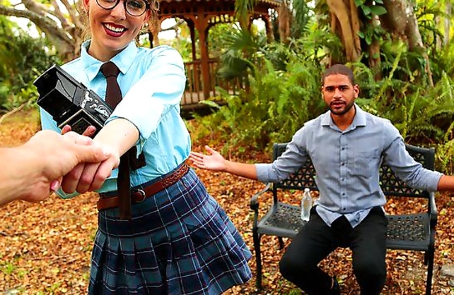 Nerdy coed practices outdoor sex with naked guy instead of taking pictures
