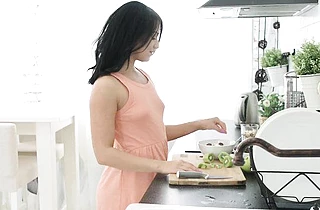 Brunette prepares fruit salad for BF that also includes naked sex