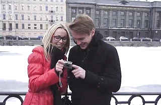 Guy helps nerdy blonde take pictures and brings home for naked fuck