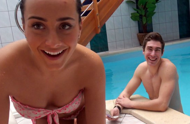 Relaxed guy allows girlfriend to have naked sex with stranger by pool