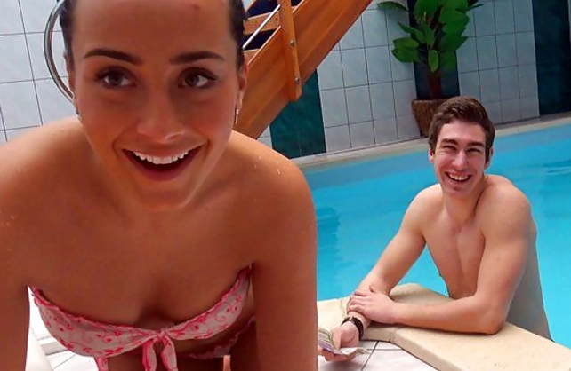 Relaxed guy allows girlfriend to have naked sex with stranger by pool