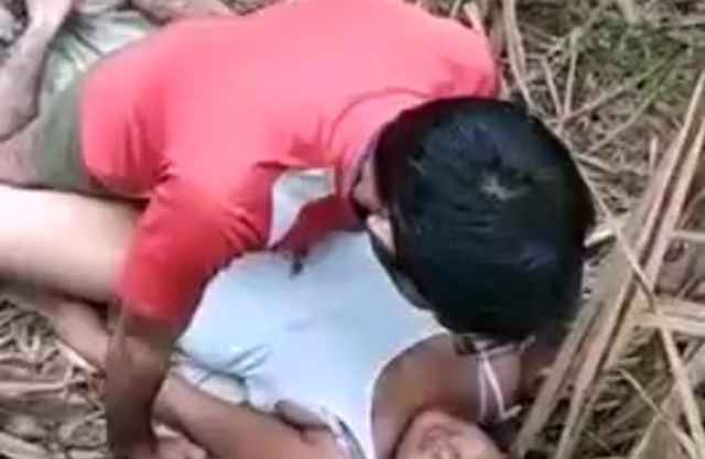 Latin man penetrates naked pussy of prostitute who lies among bamboo
