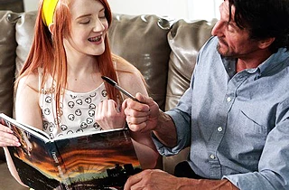 Redhead with naked pale body is just a prey for concupiscent stepfather