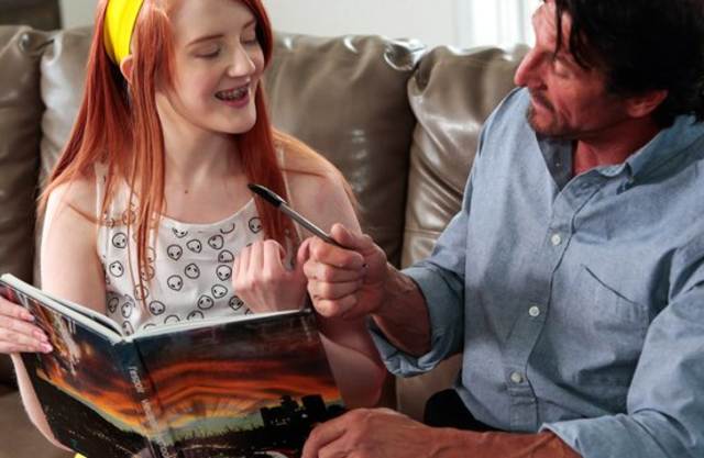 Redhead with naked pale body is just a prey for concupiscent stepfather