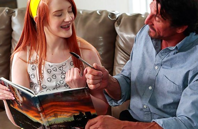 Redhead with naked pale body is just a prey for concupiscent stepfather