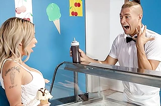 Busty girl with long hair roughly bonked by naked candy man behind the counter