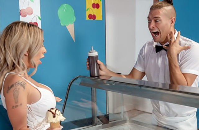 Busty girl with long hair roughly bonked by naked candy man behind the counter