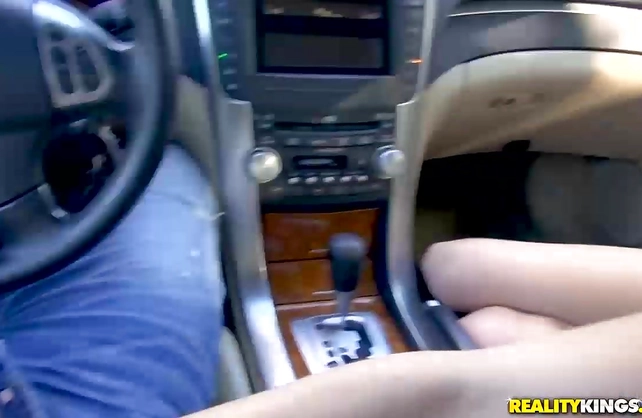 Girl with glasses is naked and ready to fool around with stranger in car