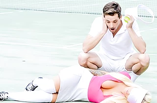After match buxom tennis girl with naked face gets it on with opponent