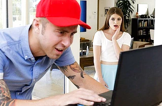 Programmer fixes girl's laptop and she lets him fuck naked vagina