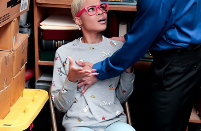 Black girl with short haircut collared and fucked by naked guard