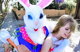 Pale-skinned girl takes Easter Bunny's cock in hairy naked pussy