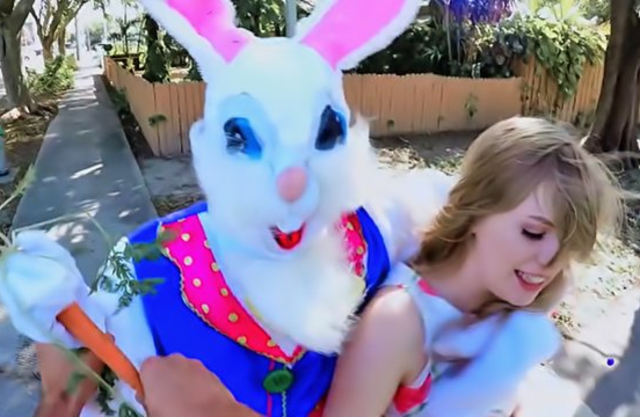 Pale-skinned girl takes Easter Bunny's cock in hairy naked pussy