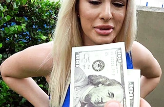 Comely blonde girl for fast cash spreads legs in front of naked cock