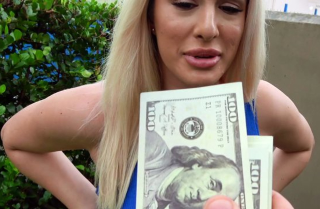 Comely blonde girl for fast cash spreads legs in front of naked cock