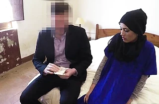 Shy Arab girl in hijab needs money so she worships man's naked dick