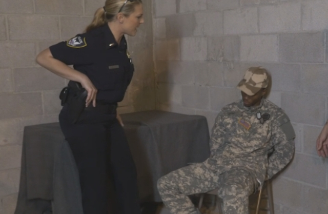 Police girls put fake soldier on duty and black boy fucks naked twats