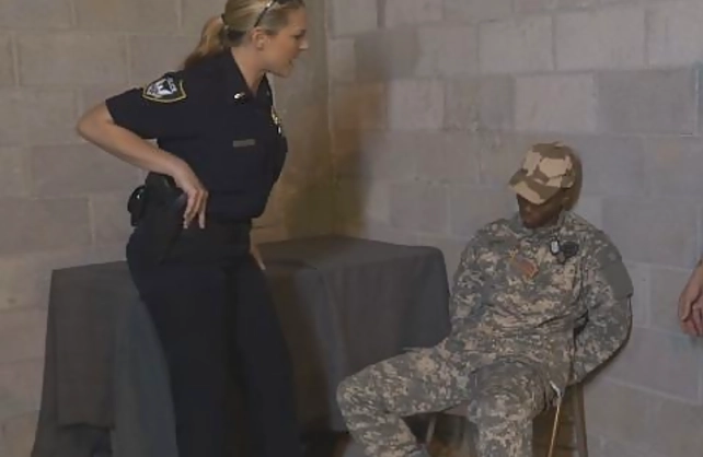 Police girls put fake soldier on duty and black boy fucks naked twats