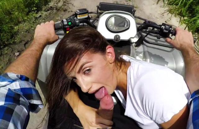 Driver picks up good-looking pedestrian for naked sex on quad bike