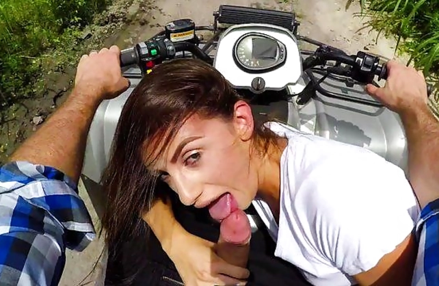 Driver picks up good-looking pedestrian for naked sex on quad bike
