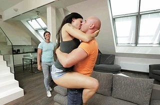 Brunette with naked features takes two boys home for rough double penetration