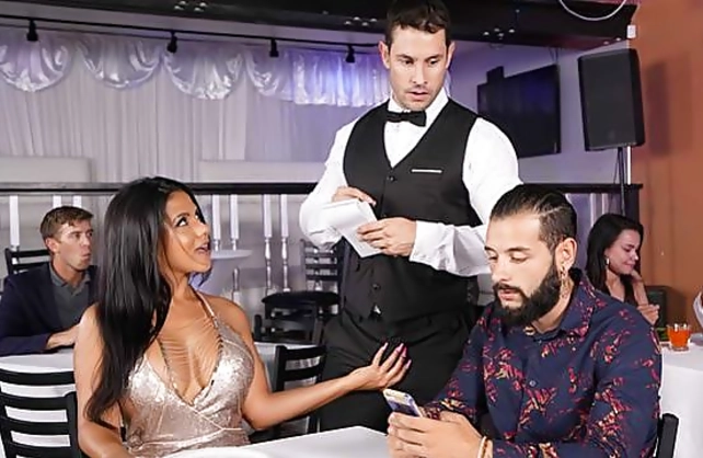 Girl with huge boobies craves for new naked cock and tests waiter's one