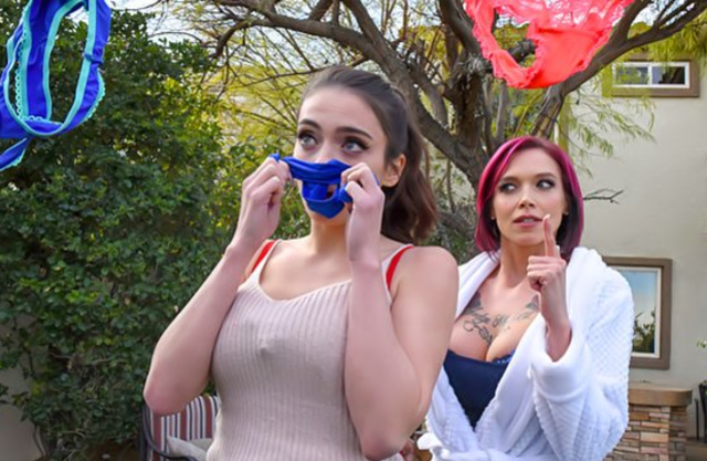 Stepmother catches girl sniffing panties and strapons her naked pussy