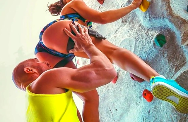 Rock climbing instructor touches girl's ass and she serves naked dick